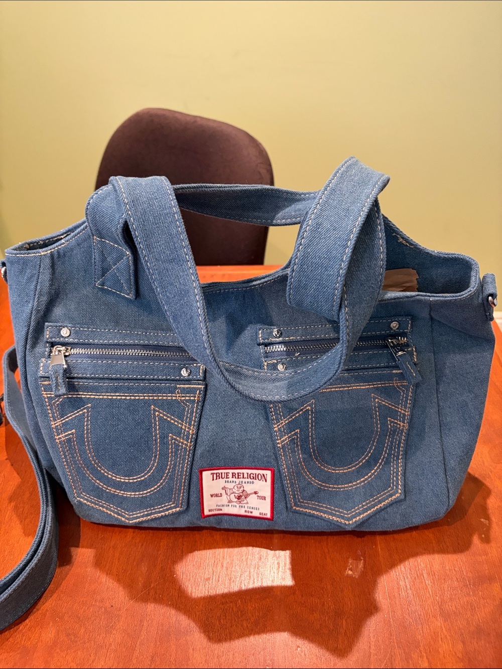 True Religion Denim Tote with embroidered pockets with zips